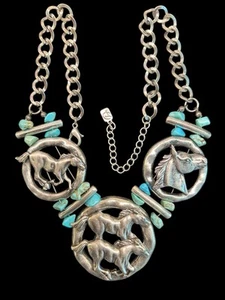 Western Horse Horses Silver Tone Faux Turquoise Statement Necklace ๐ #D6-4 - Picture 1 of 4