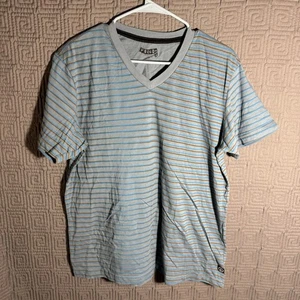 Volcom T-Shirt Men’s Size Large Slim Fit Blue Shirt Sleeve V-Neck Striped - Picture 1 of 6