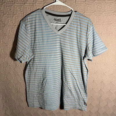 Volcom T-Shirt Men’s Size Large Slim Fit Blue Shirt Sleeve V-Neck Striped - Image 1 of 4