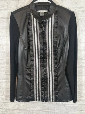 Peter Nygard Genuine Leather and Knit Full Zip Women's Medium Black Jacket - Image 1 of 4