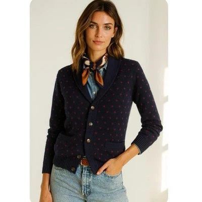 Cárdigan Merona 100 % algodón azul marino rojo lunares Heritage Preppy cuello chal  Foto 1 de 4
