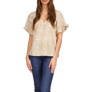 Michael Kors Women Beige Paisley Satin Boho Casual Ruffle Sleeve Top Size M - Picture 1 of 4
