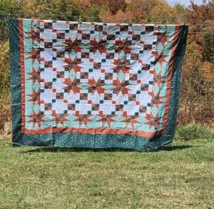 Vintage 80s Quilt Top Stunning Star Design Dark Green Terra Cotta Bonus Binding - Picture 1 of 13