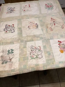 Vtg Animals Nursery rhyme Embroidered Baby Quilt Blanket Squares 35” X 42” - Picture 1 of 16
