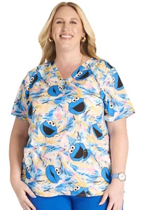 Cookie Monster Cherokee Scrubs Tooniforms Sesame Street V Neck Top TF738 SWFG - Picture 1 of 6