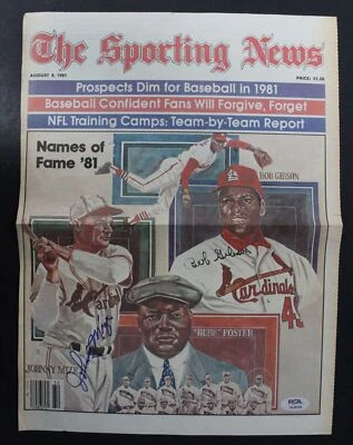 Página de noticias deportivas firmada por Bob Gibson Johnny Mize autógrafo automático PSA/DNA AL56784 Foto 1 de 3