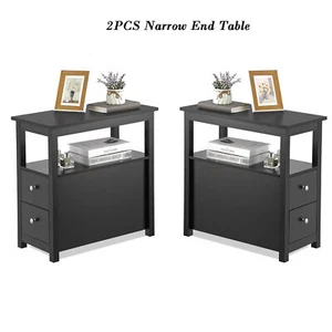 Set of 2 End Table Side Table w/2 Drawers and Shelf Sofa Table for Bedroom Black - Picture 1 of 14