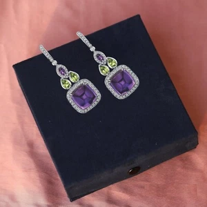 Lab Amethyst & Peridot Sugarloaf Earrings 925 Sterling Silver Glamorous Jewelry - Picture 1 of 6