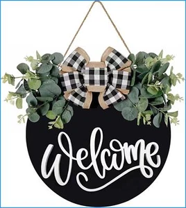 Welcome Sign for Front Door Porch Decor Farmhouse Wreath Wall Round Wooden Home - Picture 1 of 15