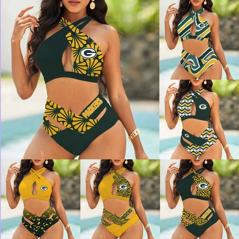 Green Bay Packers Women's 2PCS Criss Cross Halter Bikini Set Beach Swimsuit Gift Cover