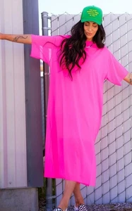 DRESSED in LALA Karma Oversized Mesh Dress + Slip WOMENS SMALL Neon Pink NWT - Picture 1 of 11