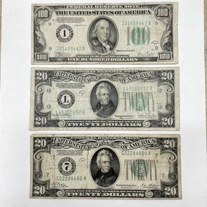 Federal Reserve Note Lot • 1934 $100 Bill, 1934 $20 Bill, 1928 $20 Bill • Nice! - Picture 1 of 10