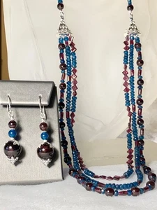 SS .925 3 HEBRAS GENUINO ROJO GRANATE Y AZUL APATITA COLLAR CONJUNTO - Imagen 1 de 23