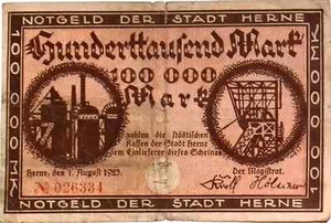 1923 Germany HERNE 100.000 Mark Banknote - Picture 1 of 2