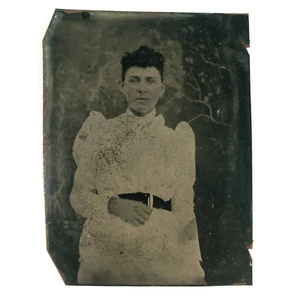 Pregnant Girl Holding Belly Tintype c1870 White Dress Woman Wearing Belt D2096 - Picture 1 of 2