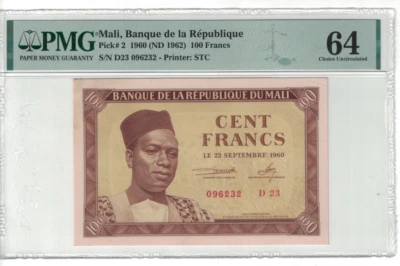 Mali 100 Francs 1960 Pick# 2 PMG: 64 Choice UNC. #PL2690 - Image 1 of 2