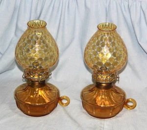 Pair of Vintage FOSTORIA Amber Coin Glass Oil COURTING LAMP With Globe - Picture 1 of 7