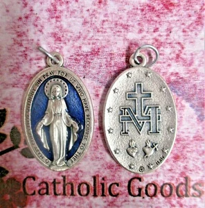 Large Miraculous Medal - 1.25 x .75"  Oxidized Italian Silver Cast + Blue Medal  - Picture 1 of 3