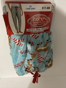 Rudolph Reindeer Women Sleep Pants Jogger  w/Pockets 2xl  18-20w soft  xmas blue - Picture 1 of 8