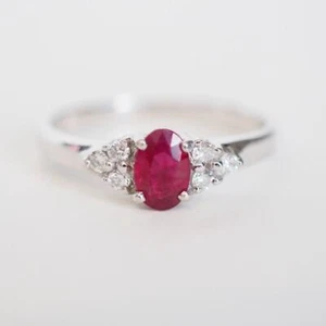 10K Solid White Gold Natural Ruby and Diamonds Solitaire Women Promise Ring - Picture 1 of 6