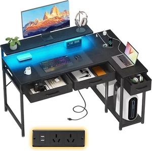 L Shaped Computer Desk with 10 Colour RGB LED Lights&2 AC Outlets, Home Office D - Picture 1 of 7