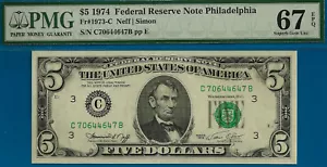 1974 $5 Federal Reserve Note PMG 67EPQ top pop finest Philadelphia Fr 1973-C - Picture 1 of 3