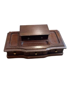 Vintage 1970s Jewelry Box Dresser Console Organizer Wood Valet Blue Velvet - Picture 1 of 13