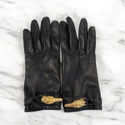 Authentic GUCCI Black Leather Gloves 5 Fingers Size 8 Gold hardware Women's - Image 1 of 4
