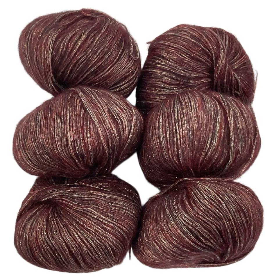 6-Mohair & Wool Yarn Balls Maroon & Gold Shimmer Sparkle 50g Each - Image 1 of 2
