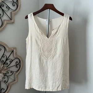 August Seiden Tank Top Damen große ärmellose Bluse beige Leinen - Bild 1 von 11