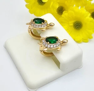 18K Gold Plated Women Green Crystals Turtle Earrings. Small Hoop. Huggies. - Picture 1 of 6