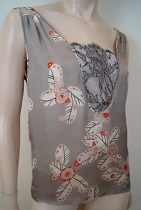 NINA RICCI Grey Silk Cream & Red Floral Print Lace Insert Sleeveless Top UK10 - Picture 1 of 7