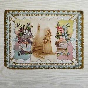 ANTIQUE 1890s VICTORIAN Aesthetic VALENTINES DAY CARD Sepia Girl at Door 3-LAYER - Picture 1 of 10