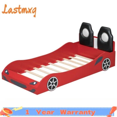 Cama plataforma madera tamaño doble en forma de coche de carreras con LED y respaldo tapizado  Foto 1 de 4