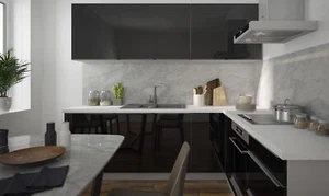 L-Form Einbauküche ESSEN 230x210cm modular grau Front schwarz Hochglanz 66563698 - Bild 1 von 11