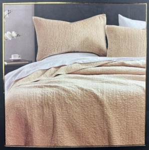 Donna Karan QUEEN Velvet Quilt Set Gold Sateen Hand-Stitched Cotton Shams - Picture 1 of 22