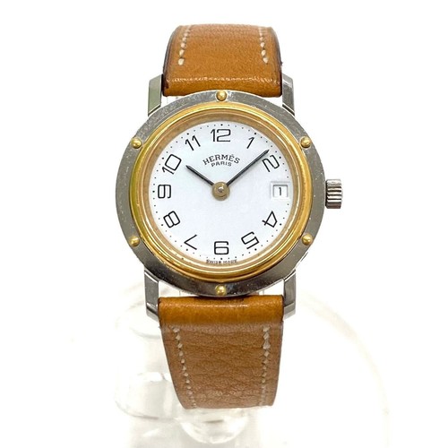 HERMÈS Set Completo [N Come Nuovo] Orologio Donna Vintage HERMES Clipper CL4.220 Qz Pelle Avorio!!!