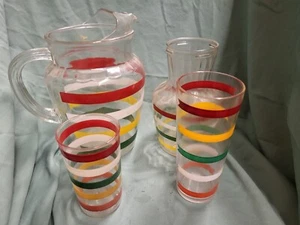 13 Piece Anchor Hooking Striped Fiesta Pitcher and Cup Set. Features 12 glasses - Picture 1 of 7