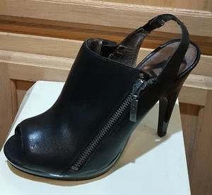 DKNY Zelda Black Leather Zipper Detail Slingback Platform Sandal Heels, 9M - Picture 1 of 10