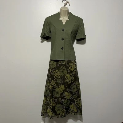 Womens Vintage Midi Skirt Linen Blouse Set Size 10P Green Cottagecore Herbalist - Image 1 of 4