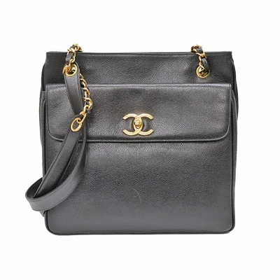 Bolsa tote Chanel A05456 corrente ouro preto hardware pele de caviar caixa de pó #KN173 - Imagem 1 de 4