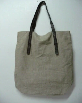Mark and Graham Natural Linen Fabric Bag Tote Market Bag Leather Strap