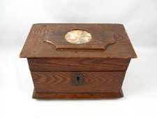 ANTIQUE FOLK ART MINIATURE TRUNK CHEST DOCUMENT BOX IN OAK W/ SQUARE NAILS