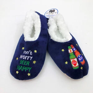 Snoozies Men's Slippers Don't Worry Beer Happy Medium 9/10 Navy Blue - Picture 1 of 6