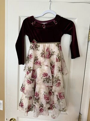 Biscotti Girls Party Dress Size 6X Burgundy Velour Floral - Image 1 of 4