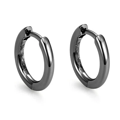 Pure Solid 925 Sterling Silver Black Classic Elegant Small Hoop Earrings - Image 1 of 4