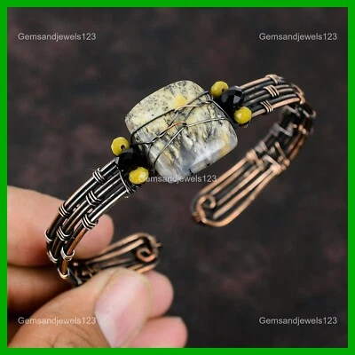 Brazalete envuelto en alambre madre cuentas de ónix negro pluma natural cobre ágata joyería Foto 1 de 4