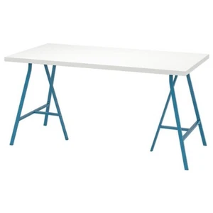 IKEA: Weiße Schreibtischplatte Linnmon mit blauen Tischböcken Lerberg - Bild 1 von 3