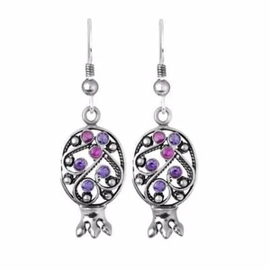 Sterling Silver Dangle Filigree Pomegranate Jewish Earrings Ruby Amethyst Gems - Picture 1 of 3