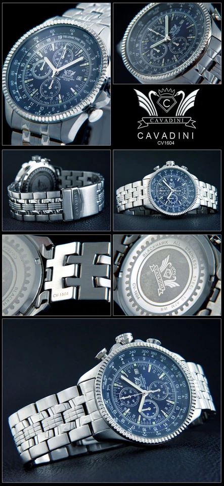 Cavadini Men's Watch Pilot Chronograph Solid Stainless Steel Blue CV-1604 - Image 1 of 1